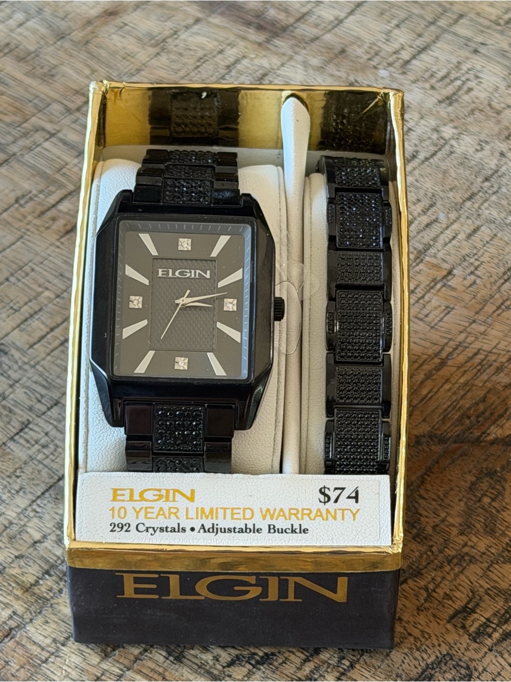 NEW! Elgin Black Crystal Watch 37mm + matching bracelet- NIB - 10 Year Warranty